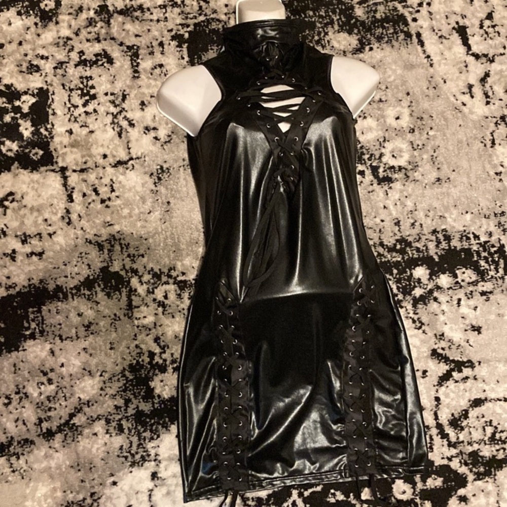 Faux leather lace up Chinese collar dress.